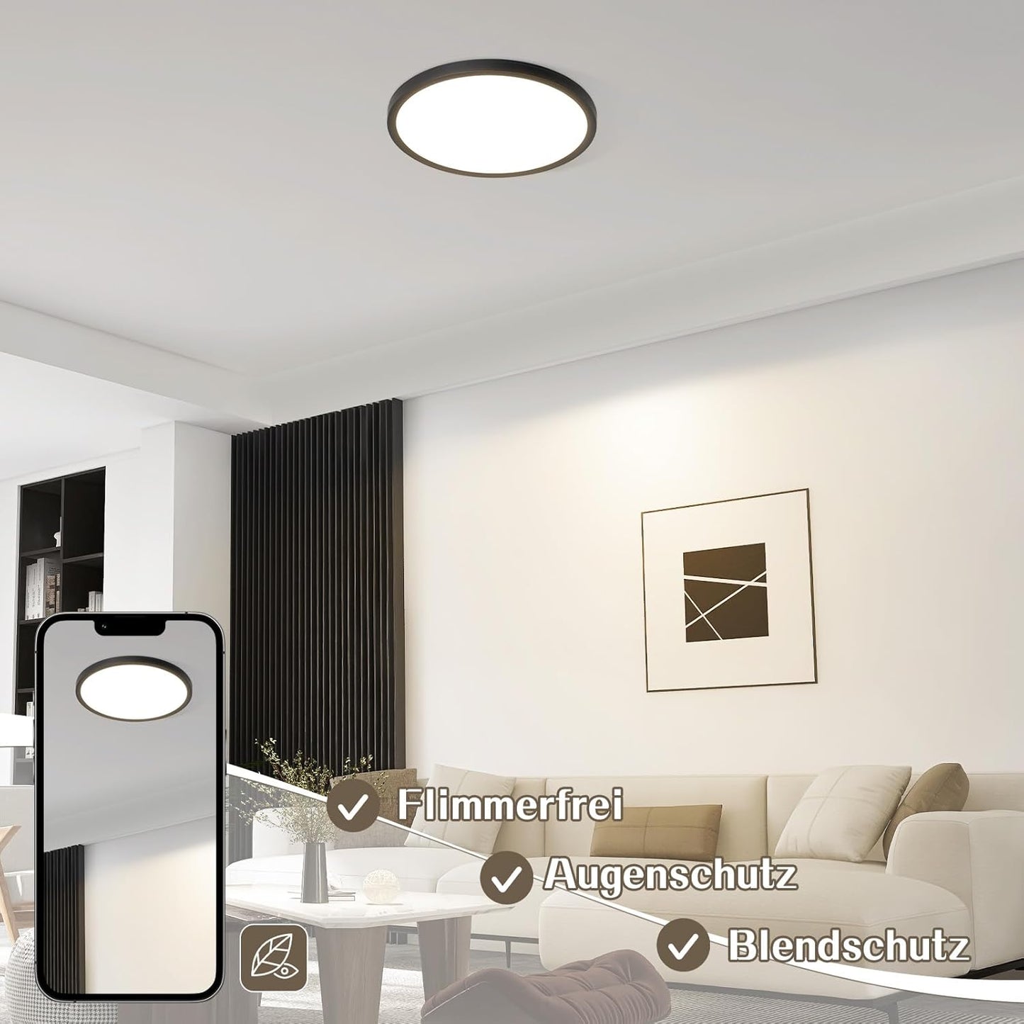 Deckenlampe LED Deckenleuchte Flach - Schlafzimmerlampe 18CM Badezimmerlampe 15W Küchenlampe Schlafzimmer Schwarz Deckenbeleuchtung Flurlampe Decke Badlampe 4000K für Küche Flur
