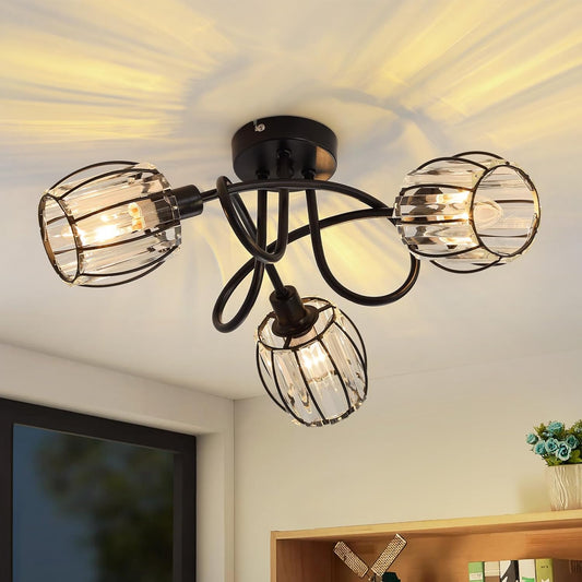 ZMH Deckenstrahler 3 Flammig Deckenlampe Vintage - Deckenspot Retro Kristall Lampenschirm Schwarz Deckenleuchte Umgeben Design 350¡ãSchwenkbar Strahler Schlafzimmerlampe f¨¹r K¨¹che (Ohne Leuchtmittel)