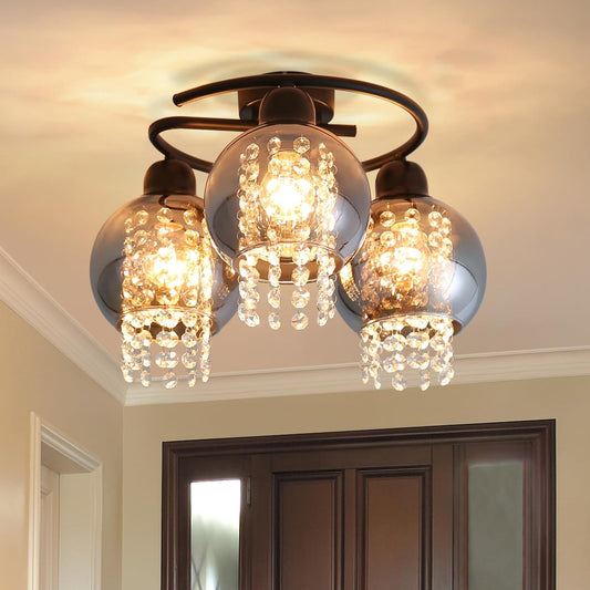 ZMH Deckenlampe E27 Deckenleuchte Schlafzimmer - Flurlampe Glas Esszimmer Schlafzimmerlampe Rauchgrau Industrial Schwarz Vintage Kristall 3 Flammig f¨¹r Wohnzimmer Flur K¨¹che (ohne Leuchtmittel)