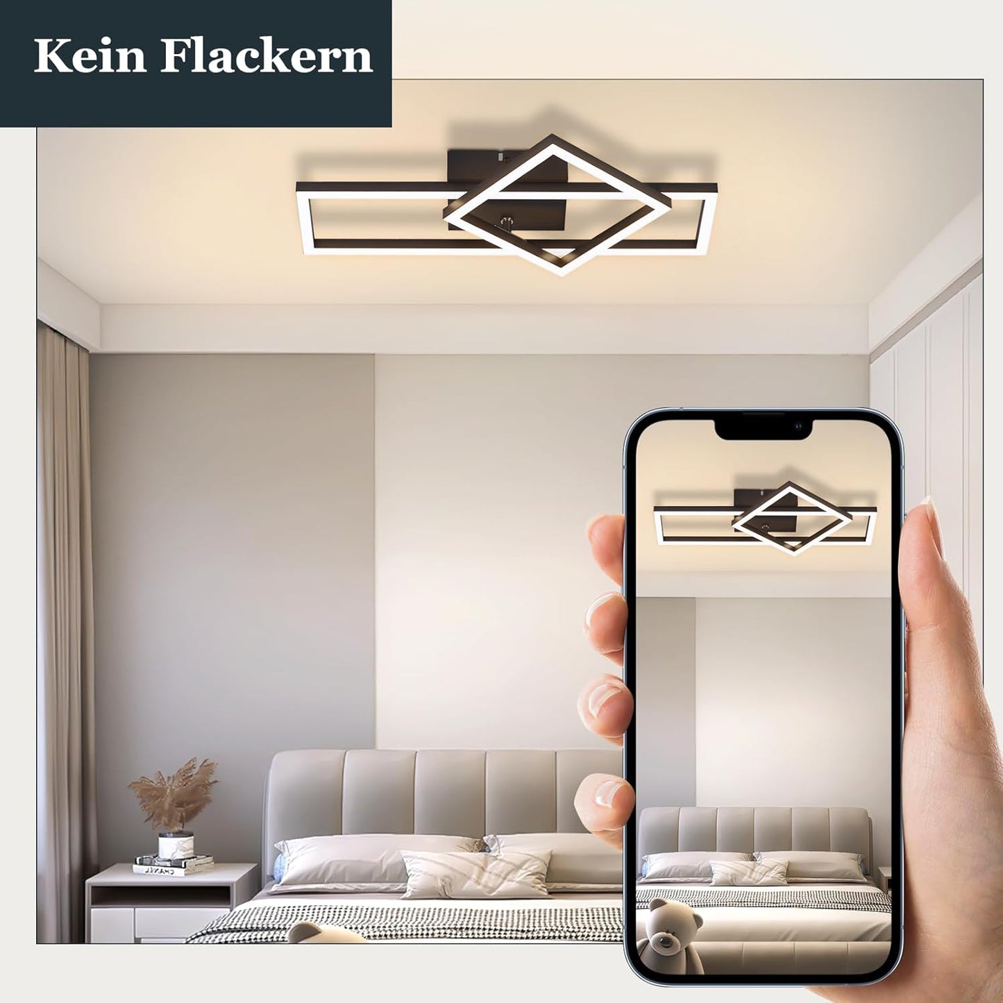 ZMH Deckenlampe LED Deckenleuchte Schwarz - 20W Wohnzimmerlampe Warmweiß Küchenlampe Modern Design Schlafzimmer Lampe Eckig Deckenbeleuchtung für Flur Küche Büro