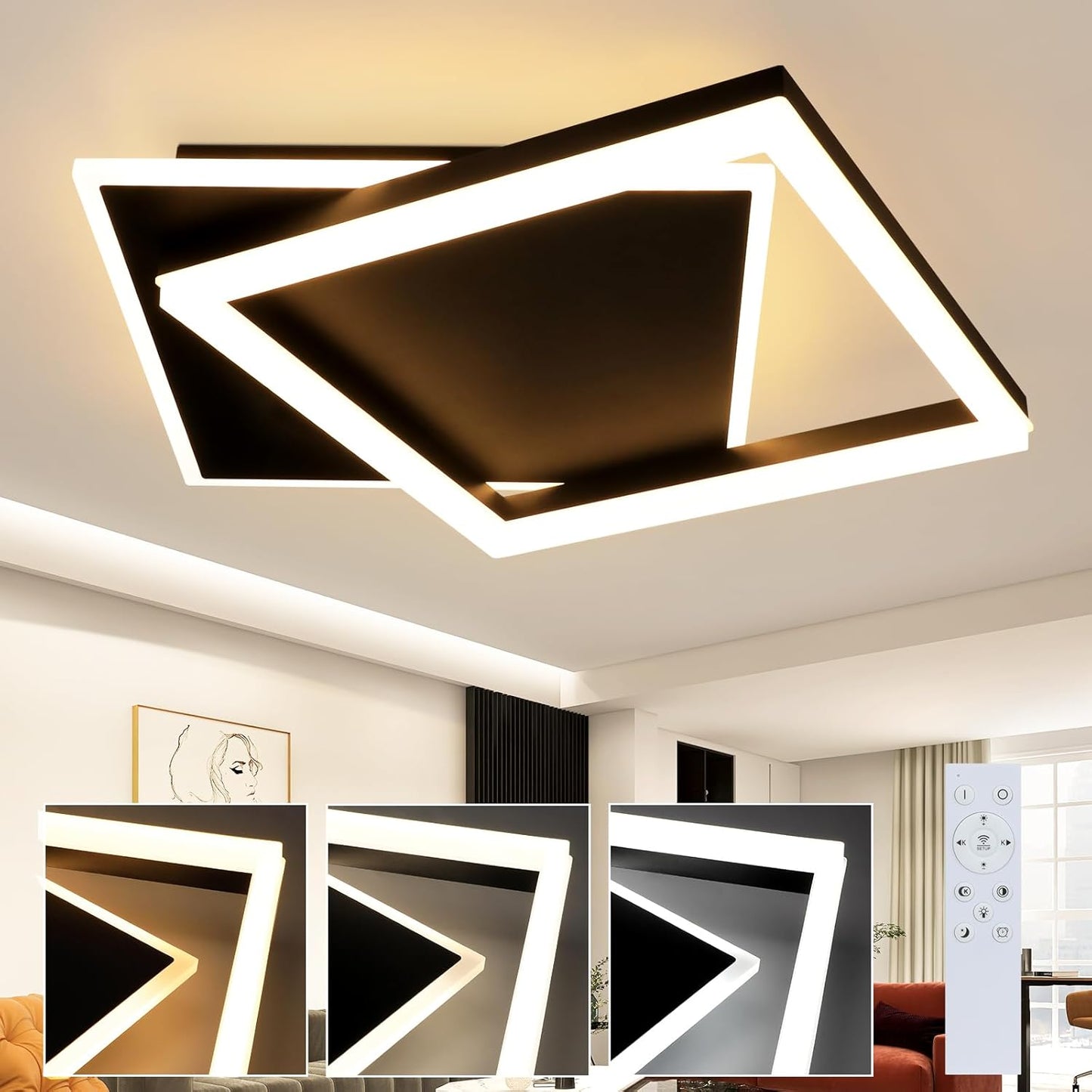 ZMH Deckenlampe LED Deckenleuchte Schlafzimmer - Schwarz Wohnzimmerlampe dimmbar 42W Modern Schlafzimmerlampe mit Fernbedienung eckig Deckenbeleuchtung aus Acryl f¨¹r Wohnzimmer K¨¹che Esszimmer