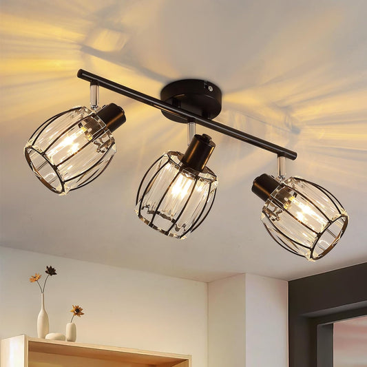 ZMH Deckenstrahler 3 Flammig Deckenleuchte Vintage - Deckenlampe Kristall Lampenschirm E14 Schwarz Retro Deckenspot 350¡ãSchwenkbar Strahler f¨¹r K¨¹che Wohnzimmer (Ohne Leuchtmittel)