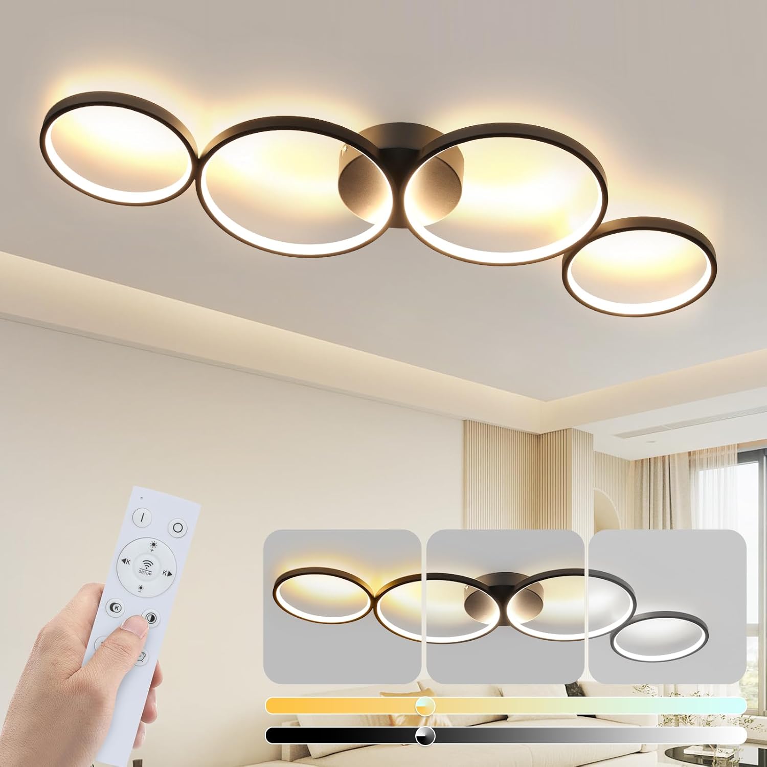 LED Dimmbar Deckenlampe Modern Wohnzimmerlampe 4 Flammig in Ringoptik, 55W Weiß/Schwarz Innen Deckenleuchte aus Aluminium Dekorative Kronleuchter für Schlafzimmer Wohnzimmer Büro Arbeitszimmer, 88cm ZMH-Lichtstein