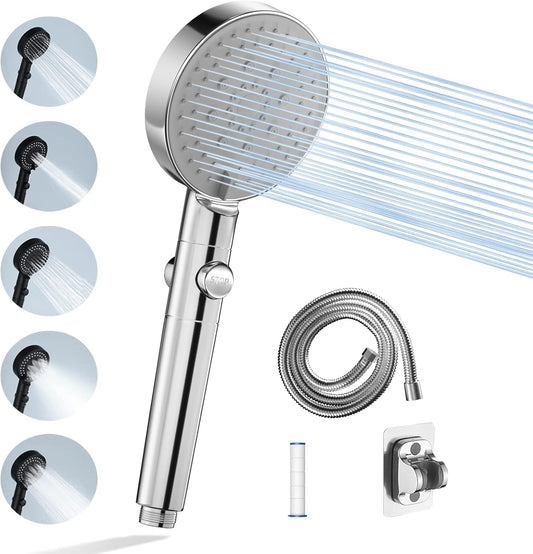 ZMH Duschkopf Wassersparend mit 1.5M Schlauch Brausehalterung - Handbrause Chrom Filter mit 5 Strahlarten Wasserstop, Druckerh?hende Regendusche Sparduschkopf