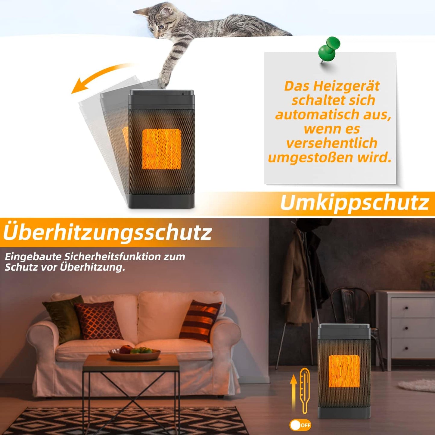 Heizlüfter, energiesparend und leise, mit Thermostat – Keramikheizung, 1500 W, elektrische Heizung, PTC-Elektroheizung mit Fernbedienung, 12-Stunden-Timer, Überhitzungs- und Kippschutz, 70°-Oszillation