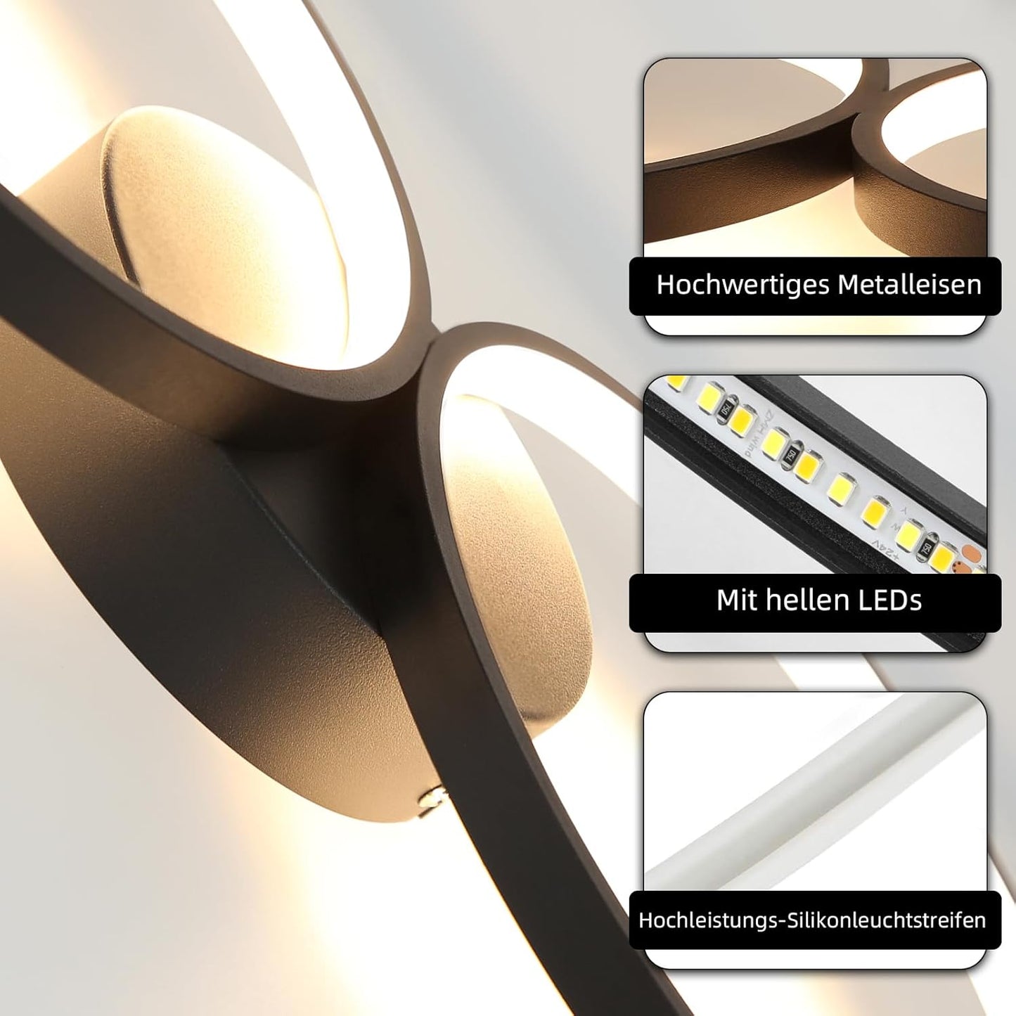 LED Dimmbar Deckenlampe Modern Wohnzimmerlampe 4 Flammig in Ringoptik, 55W Weiß/Schwarz Innen Deckenleuchte aus Aluminium Dekorative Kronleuchter für Schlafzimmer Wohnzimmer Büro Arbeitszimmer, 88cm ZMH-Lichtstein