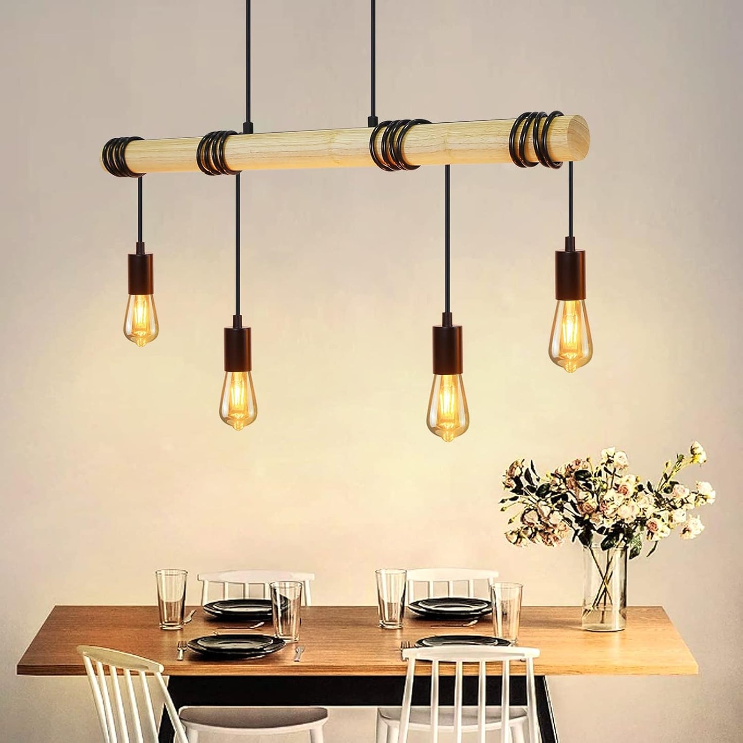 Pendelleuchte Esstisch Holz Hängelampe Vintage 4 Flammig E27 Hängeleuchte Retro Schöne Rustikal Lampe Industrial Esszimmerlampe für Esszimmertisch Wohnzimmer Cafés（Ohne Glühbirne）