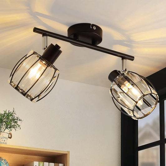 ZMH Deckenstrahler Vintage Deckenspot 2 Flammig - Deckenleuchte Kristall Lampenschirm Retro Strahler Industrial E14 Schwarz 350¡ãSchwenkbar Flurlampe f¨¹r Flur Hotel (ohne Leuchtmittel)