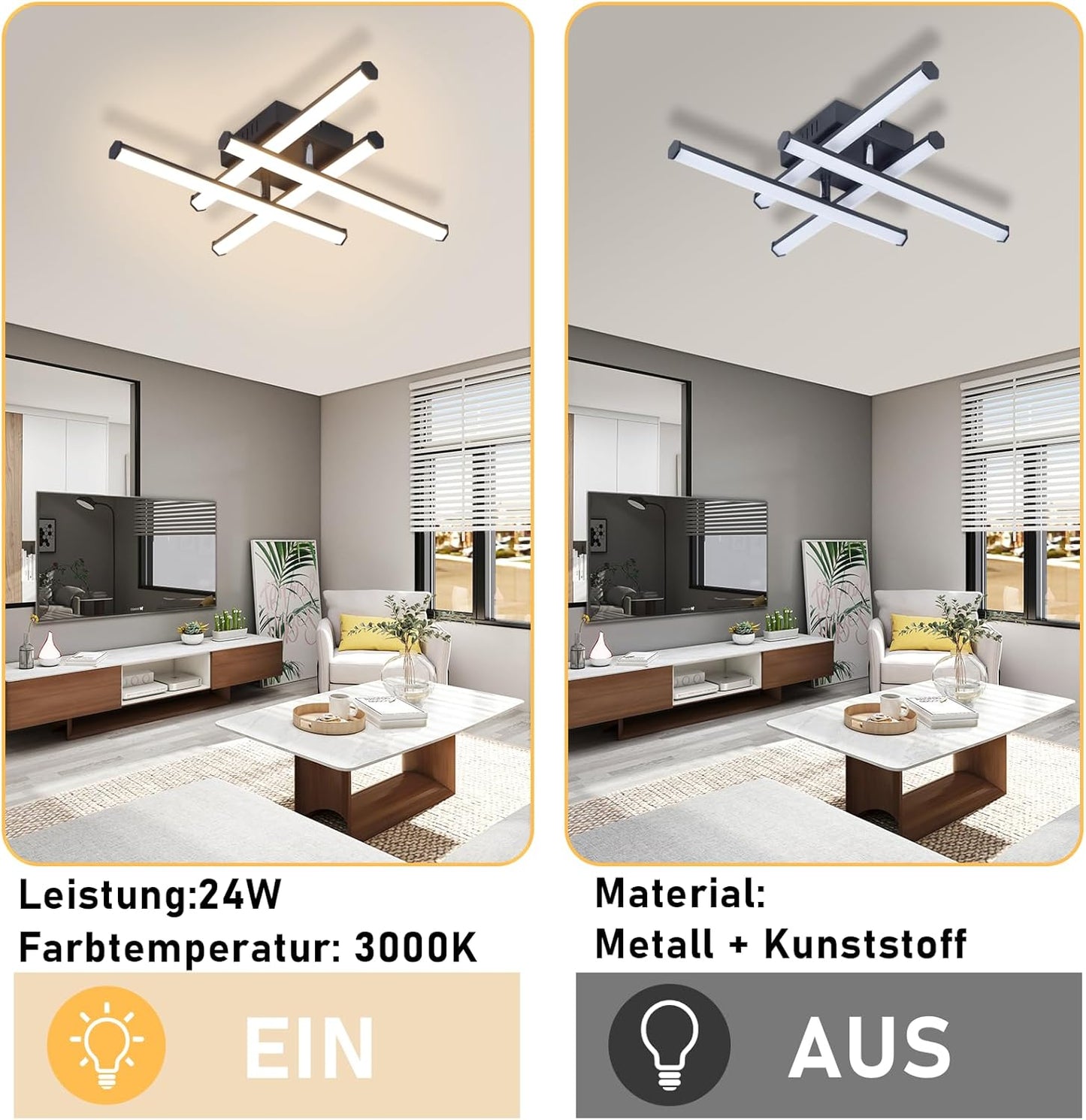 ZMH  LED Deckenlampe Wohnzimmer Deckenleuchte Schlafzimmer: Modern Wohnzimmerlampe Schwarz 24W Schlafzimmerlampe Innen Design Küchenlampe 3000K Warmweiß Licht Deckenbeleuchtung für Flur Küche