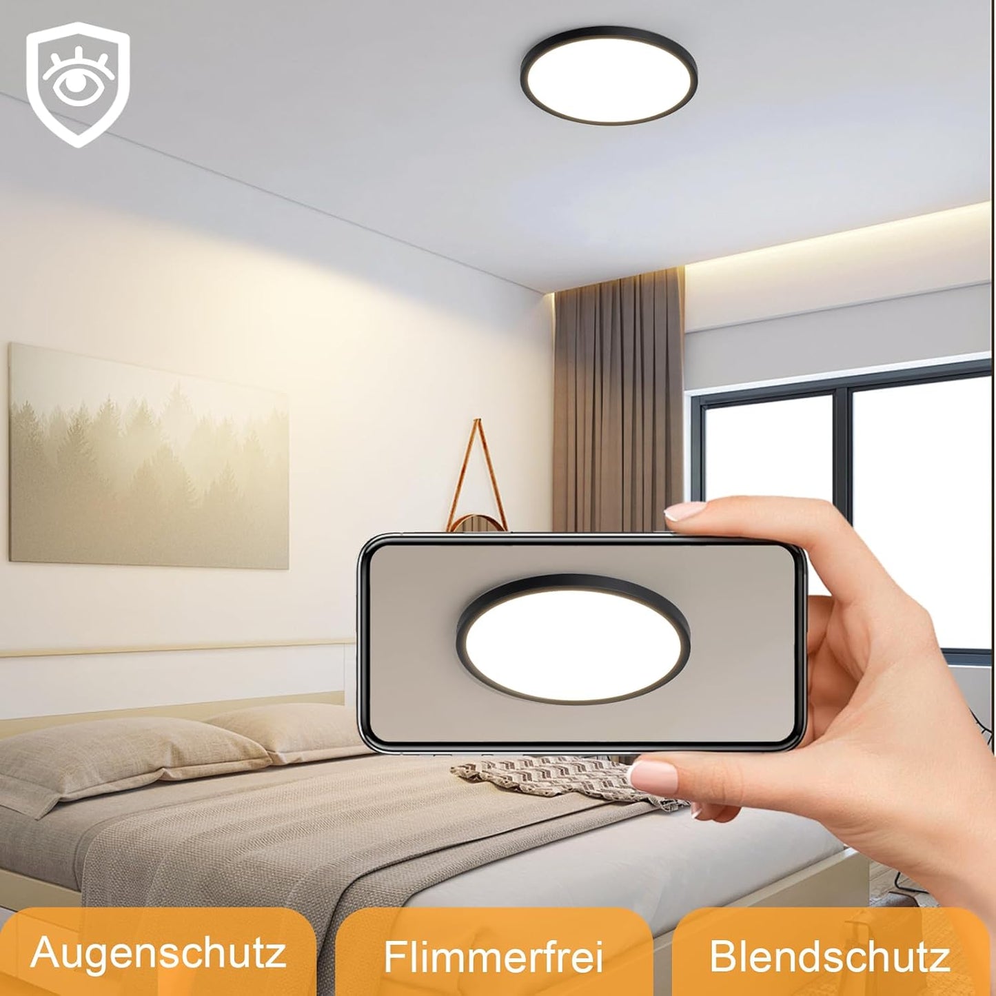 ZMH Deckenlampe LED Deckenleuchte Badezimmer - Ø22cm Badezimmerlampe Flach 18W Rhombenplatte Flurlampe Schwarz Küche 3000K Rund Küchenlampe Warmweiß Badlampe IP44 für Flur Bad Schlafzimmer