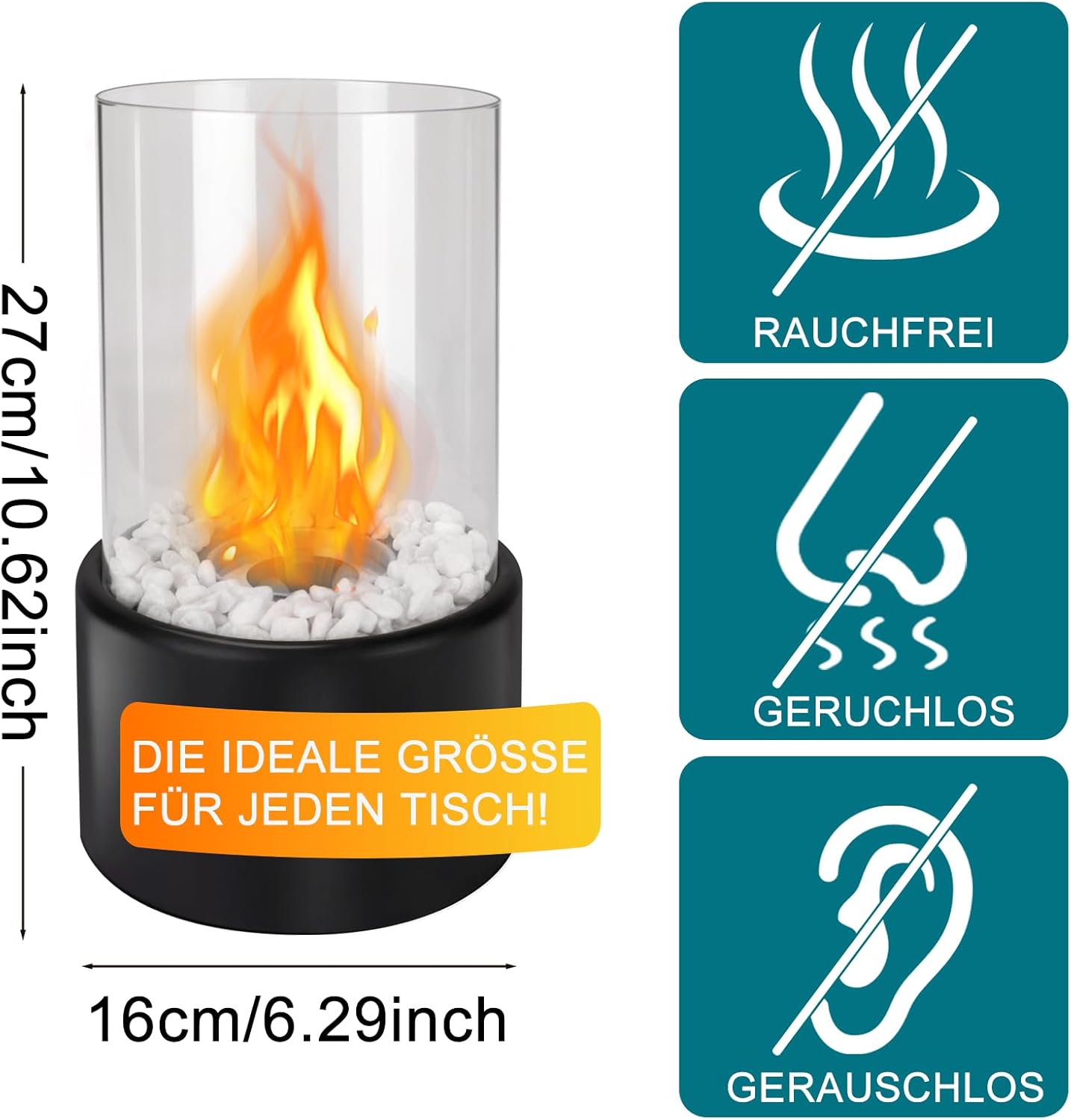 Tischkamin Ethanol Set – Tragbare Tischfeuerstelle mit Deko-Steinen – Dekorativer Innenfeuerstelle Kleine Feuerschale Heizung Edelstahl Ethanolfeuer Geeignet für Zuhause Balkon Garten Camping