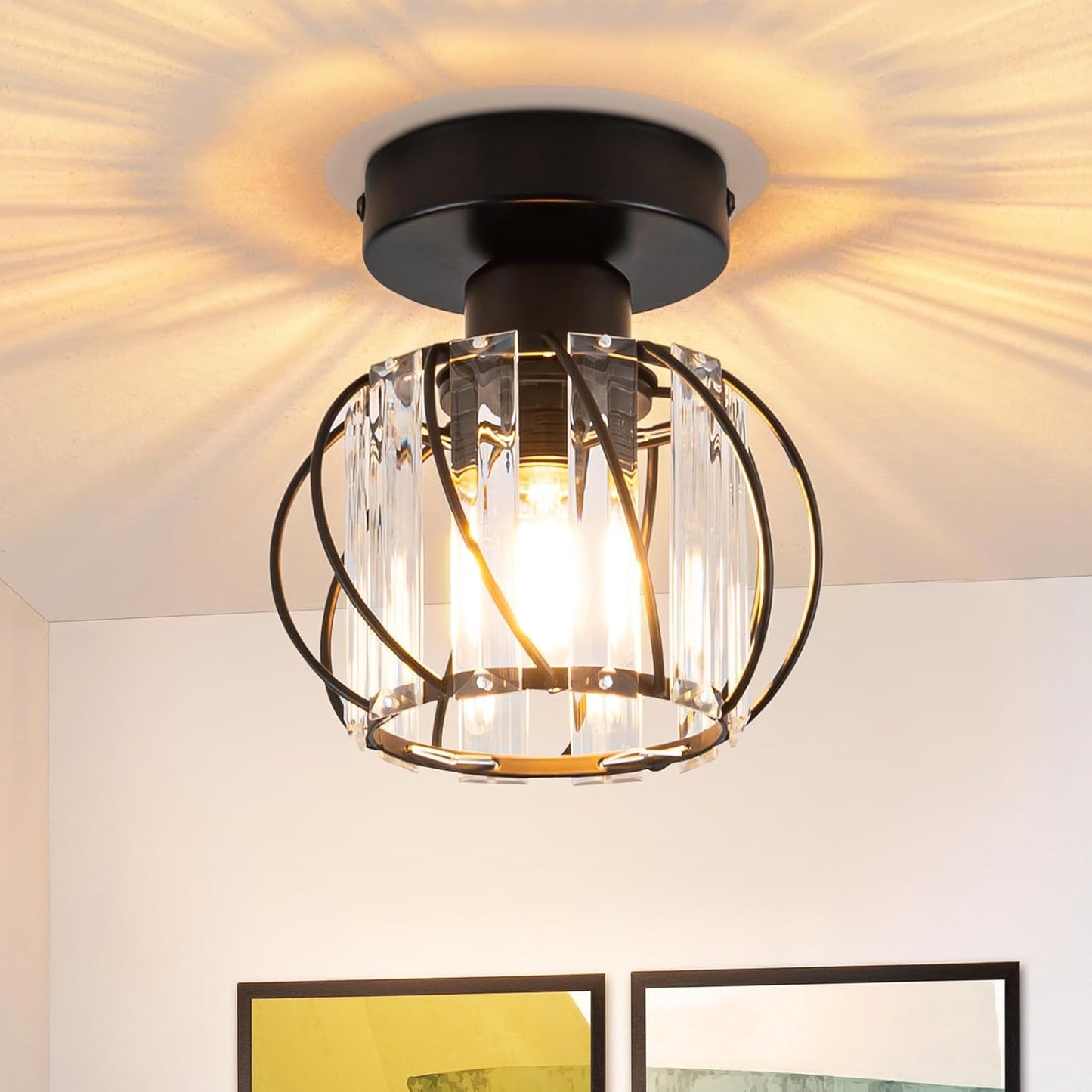 Deckenleuchte Schwarz Deckenlampe Kristall: Modern Flurlampe E27 K¨¹chenlampe mit Metall Rahmen Vintage Innen Deckenbeleuchtung f¨¹r Flur Korridor K¨¹che Balkon Wohnzimmer Hotel (Ohne Leuchtmittel)