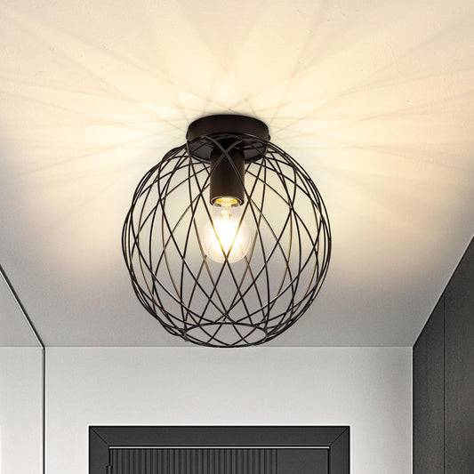 ZMH Deckenlampe Industrial Deckenleuchte Schwarz - Flurlampe Vintage Runde E27 1 Flammig Lampenschirm Retro Metall Wohnzimmerlampe K?fig Gitter Korride K¨¹che Schlafzimmer ? 20CM