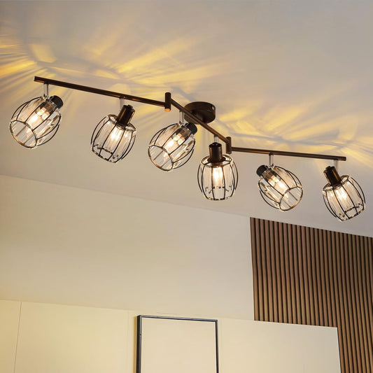 ZMH Deckenstrahler 6 flammig Deckenlampe Schlafzimmer - Deckenspot Vintage Kristall Lampenschirm Deckenleuchte E14 Schwarz Retro 350¡ãSchwenkbar Spotleuchte f¨¹r Schlafzimmer (Ohne Leuchtmittel)