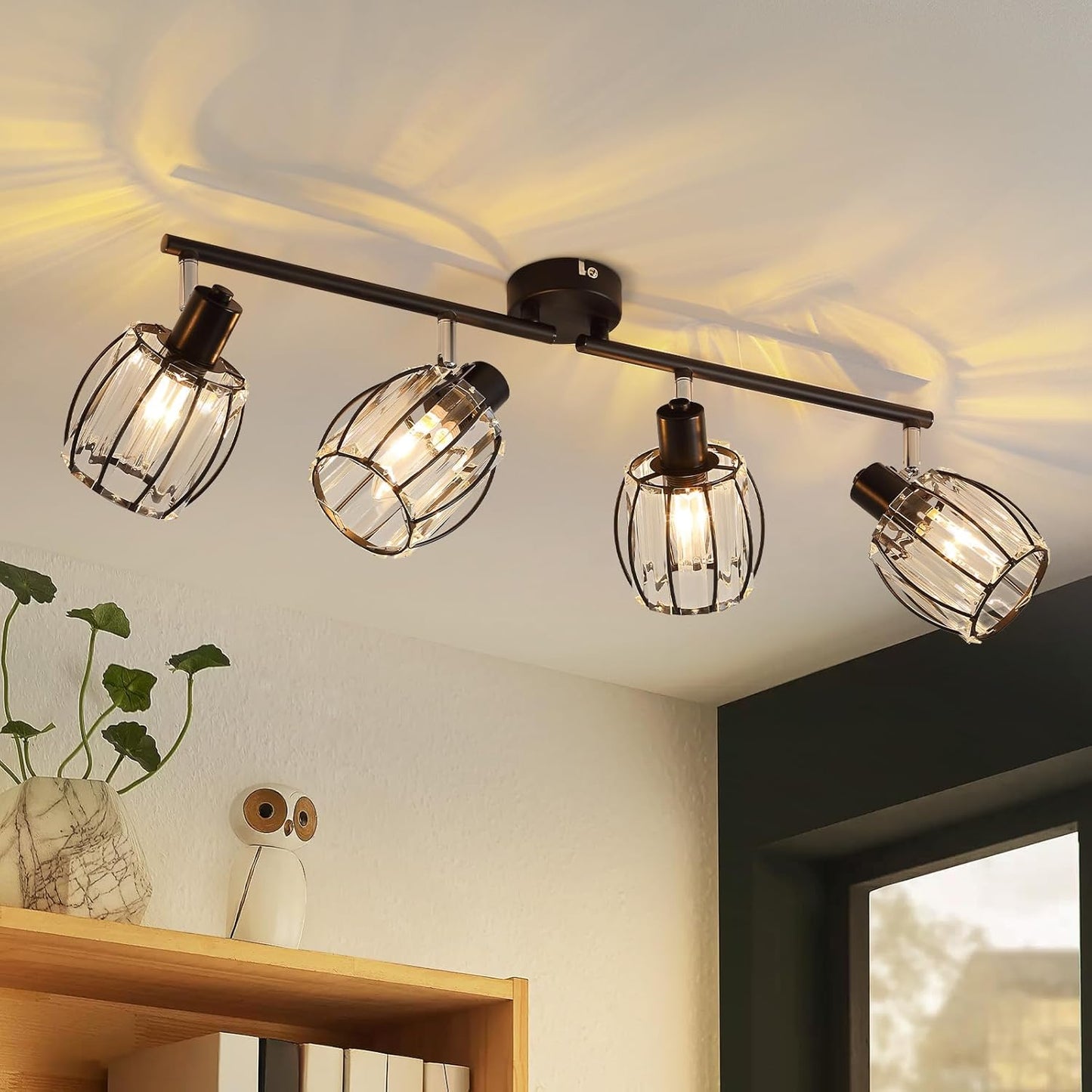 ZMH Deckenstrahler 4 Flammig Deckenlampe Wohnzimmer - Deckenspot Vintage Kristall Lampenschirm Deckenspot E14 Schwarz 350¡ã Drehbar Strahler f¨¹r Schlafzimmer K¨¹che (Ohne Leuchtmittel)