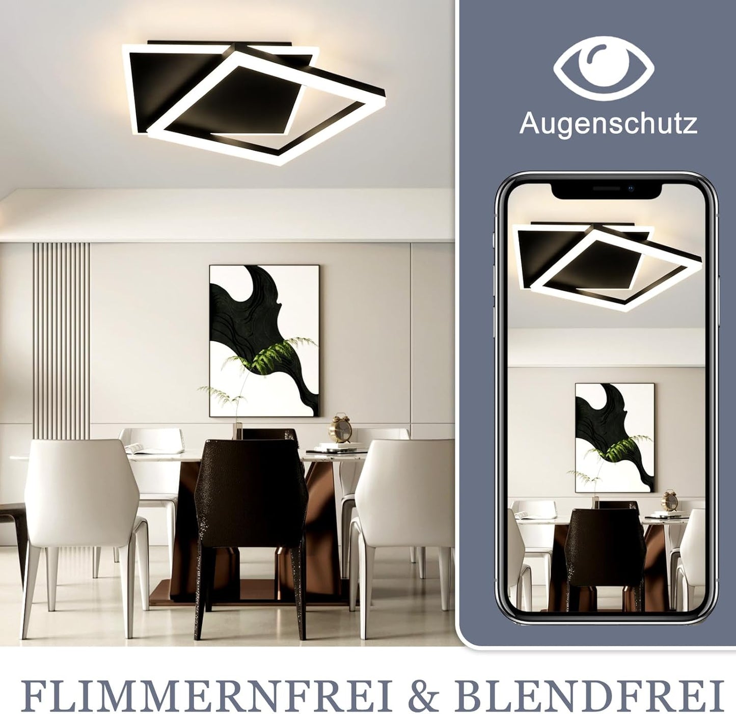 ZMH Deckenlampe LED Deckenleuchte Schlafzimmer - Schwarz Wohnzimmerlampe dimmbar 42W Modern Schlafzimmerlampe mit Fernbedienung eckig Deckenbeleuchtung aus Acryl für Wohnzimmer Küche Esszimmer