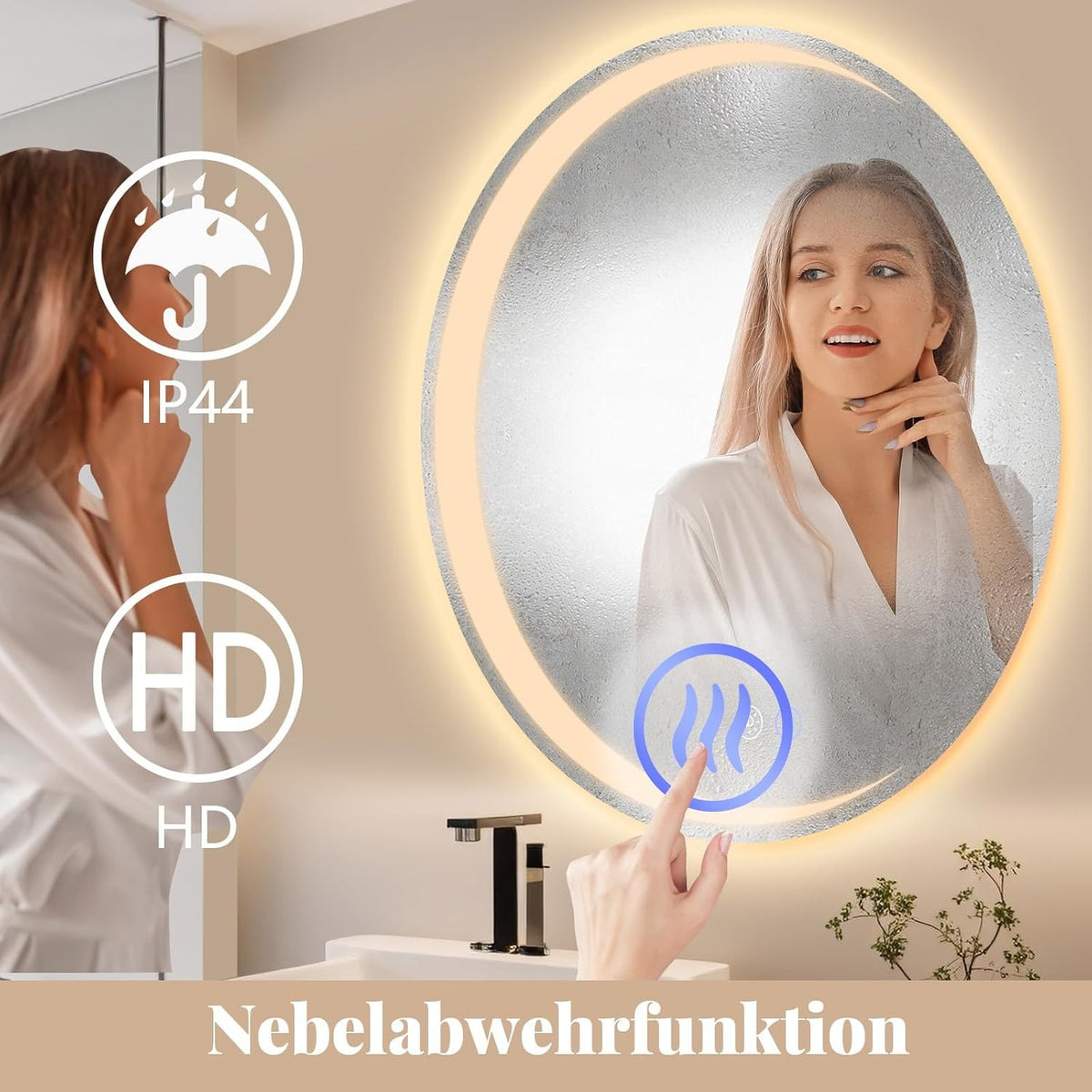 ZMH Badezimmerspiegel mit Beleuchtung Badspiegel Rund - Runder IP44 50cm LED Spiegel mit Touch Dimmbar Rundspiege Beschlagfrei Beleuchtet Bad mit Licht für Badezimmer WC
