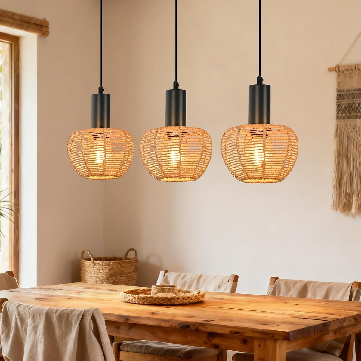 ZMH Hängelampe Boho Pendelleuchte Rattan 3-1 Flammig Esstischlampe