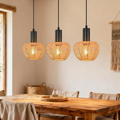 ZMH Hängelampe Boho Pendelleuchte Rattan 3-1 Flammig Esstischlampe