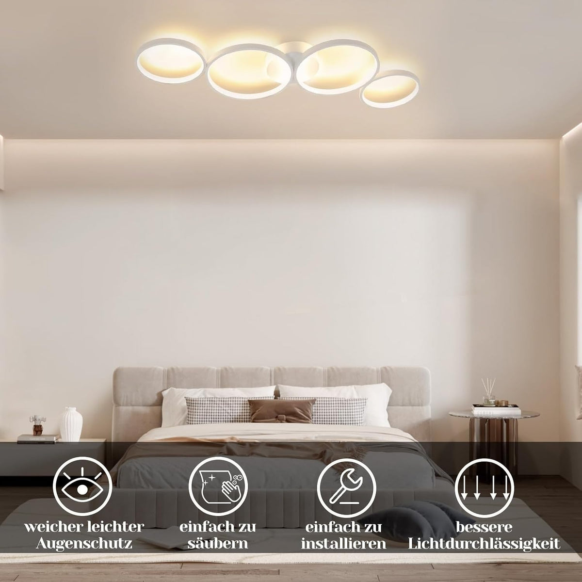 ZMH LED Deckenlampe Modern, 4-flammig in Ring-Optik, 37W Warmweiß 3000K, Deckenleuchte Rund 89cm aus Aluminium