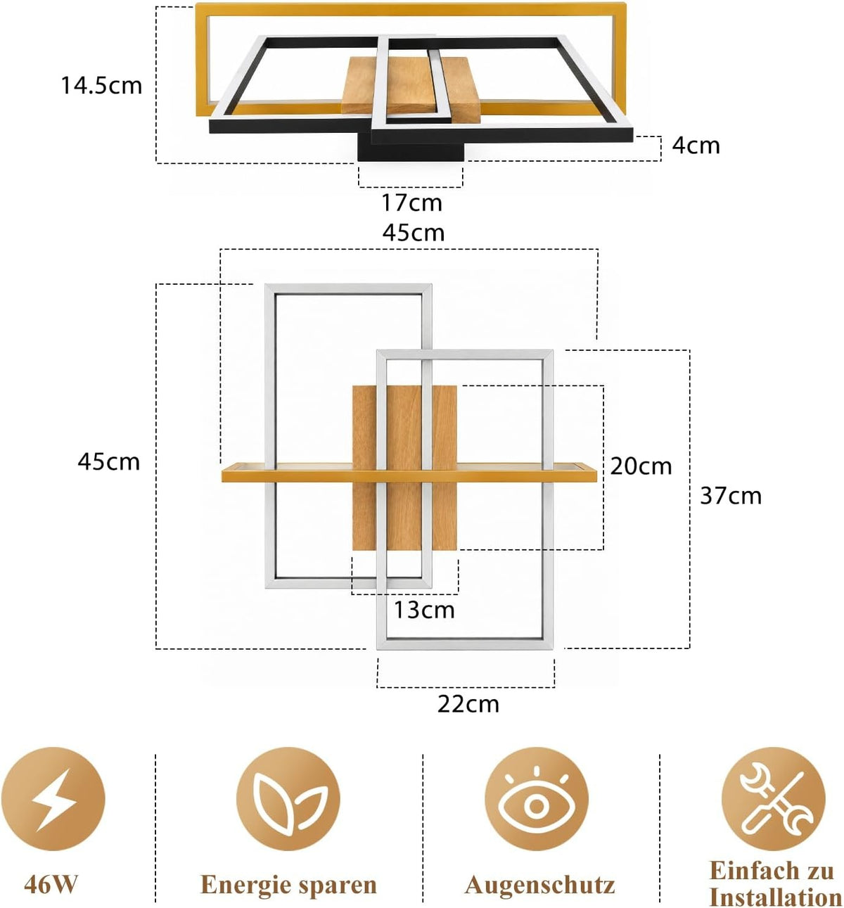 ZMH Deckenlampe Wohnzimmer LED Schwarz Deckenleuchte 46W Holz Küchenlampe
