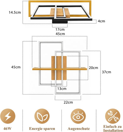 ZMH Deckenlampe Wohnzimmer LED Schwarz Deckenleuchte 46W Holz Küchenlampe