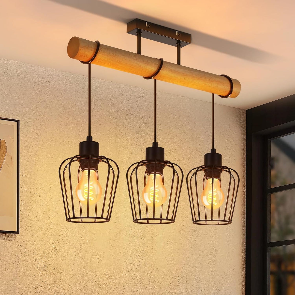 ZMH Deckenleuchte Holz Vintage Deckenlampe Küche Schwarz Küchenlampe E27