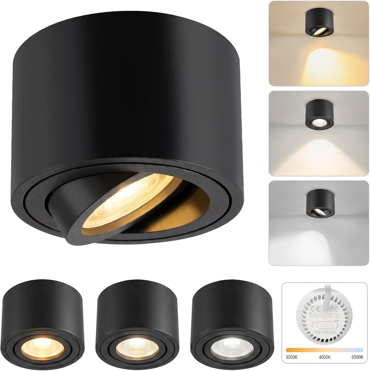 ZMH 4 Stück LED Aufbauspot Schwarz/Weiß Spots Deckenleuchte Dimmbar Ø80x50mm