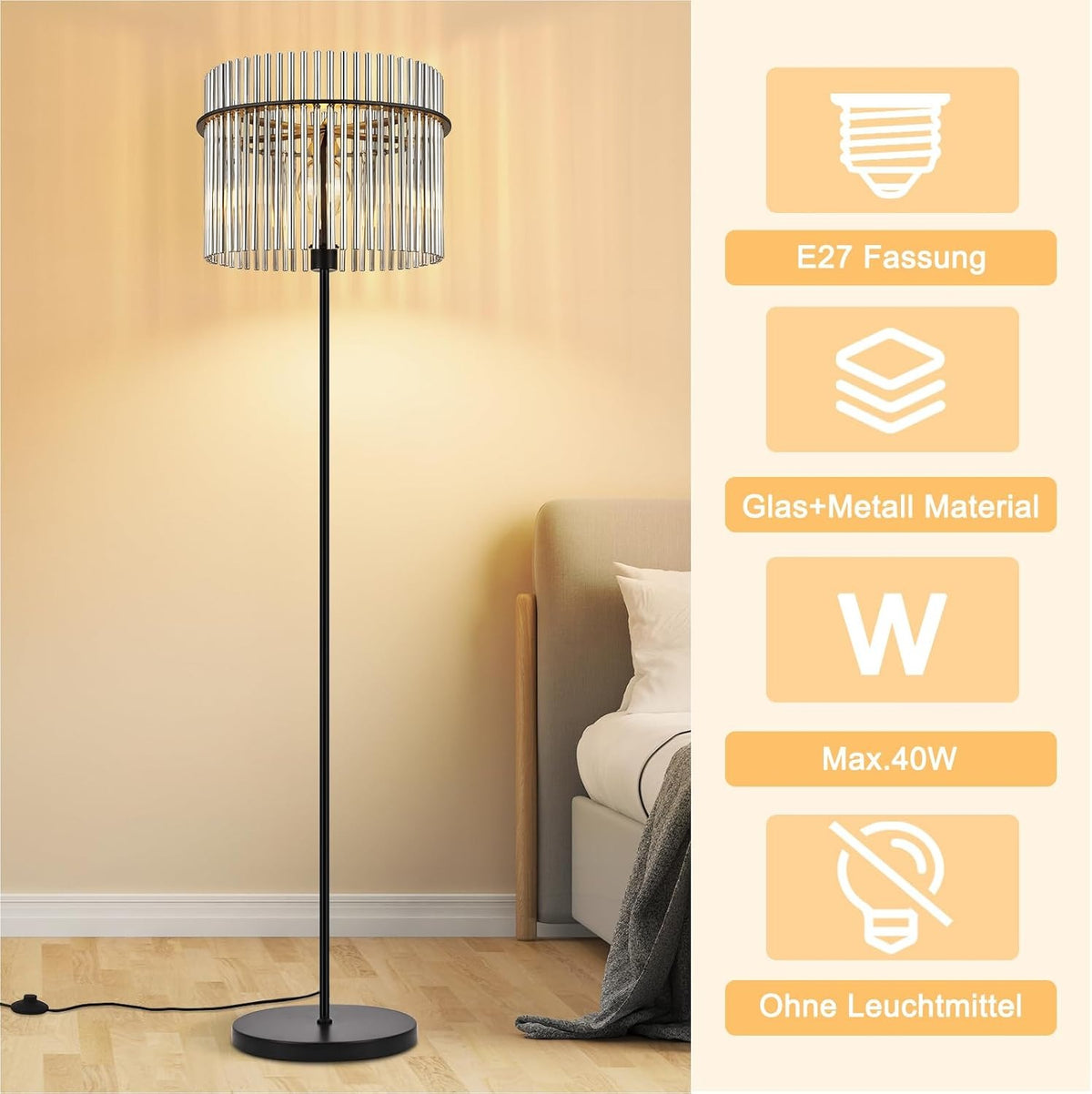 ZMH Stehlampe Schwarz Stehleuchte Glas Standleuchte Wohnzimmer E27