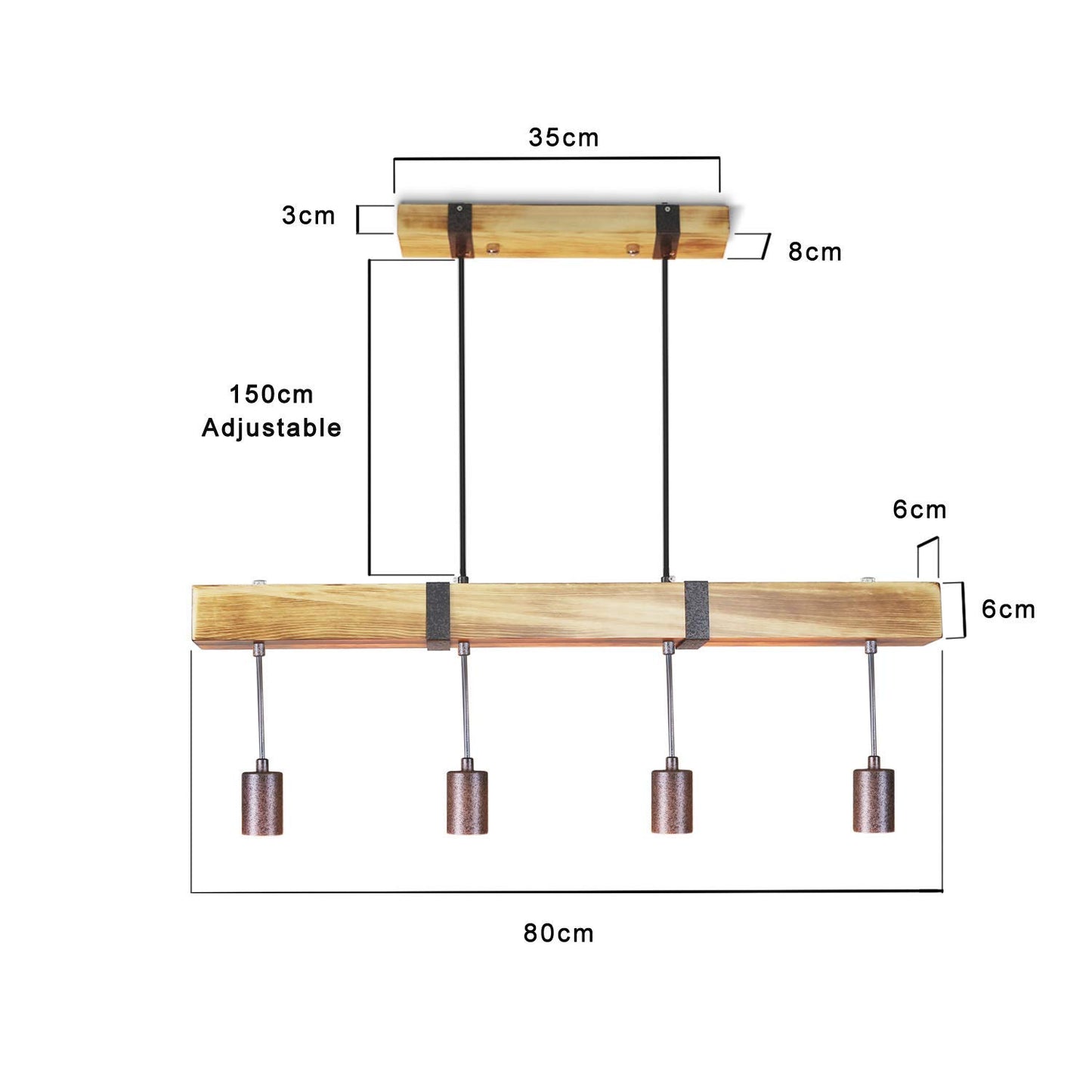 ZMH Vintage Pendelleuchte Holz Esstischlampe Retro H?ngeleuchte mit 80CM Holzbalken 4 x E27 max. 25 Watt H?ngelampe Industrial Pendellampe f¨¹r Esszimmer K¨¹che Wohnzimmer Bar Restaurant