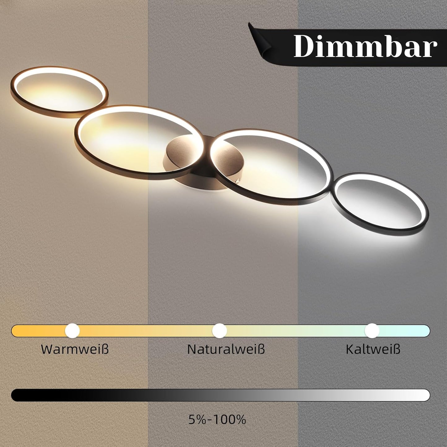 LED Dimmbar Deckenlampe Modern Wohnzimmerlampe 4 Flammig in Ringoptik, 55W Weiß/Schwarz Innen Deckenleuchte aus Aluminium Dekorative Kronleuchter für Schlafzimmer Wohnzimmer Büro Arbeitszimmer, 88cm ZMH-Lichtstein