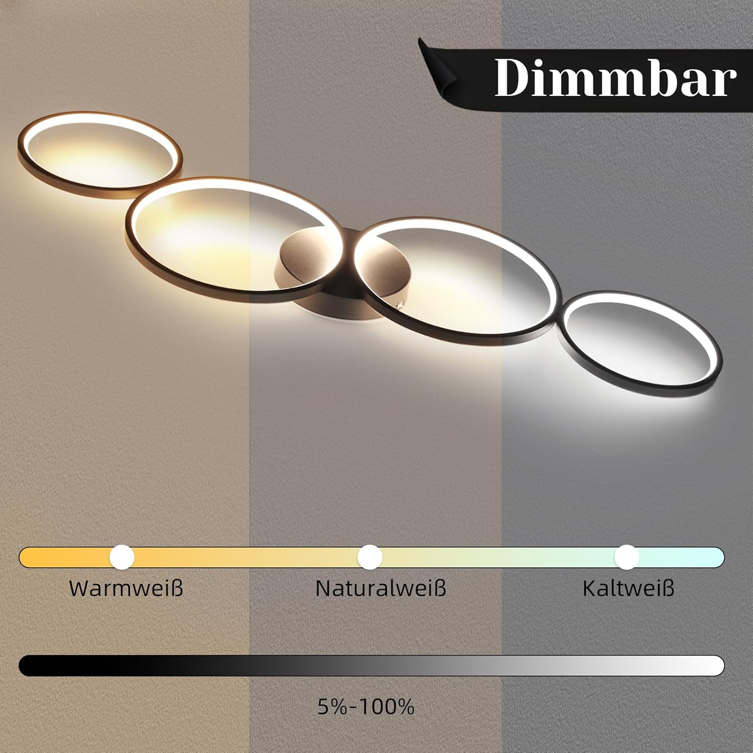 LED Dimmbar Deckenlampe Modern Wohnzimmerlampe 4 Flammig in Ringoptik, 55W Weiß/Schwarz Innen Deckenleuchte aus Aluminium Dekorative Kronleuchter für Schlafzimmer Wohnzimmer Büro Arbeitszimmer, 88cm ZMH-Lichtstein