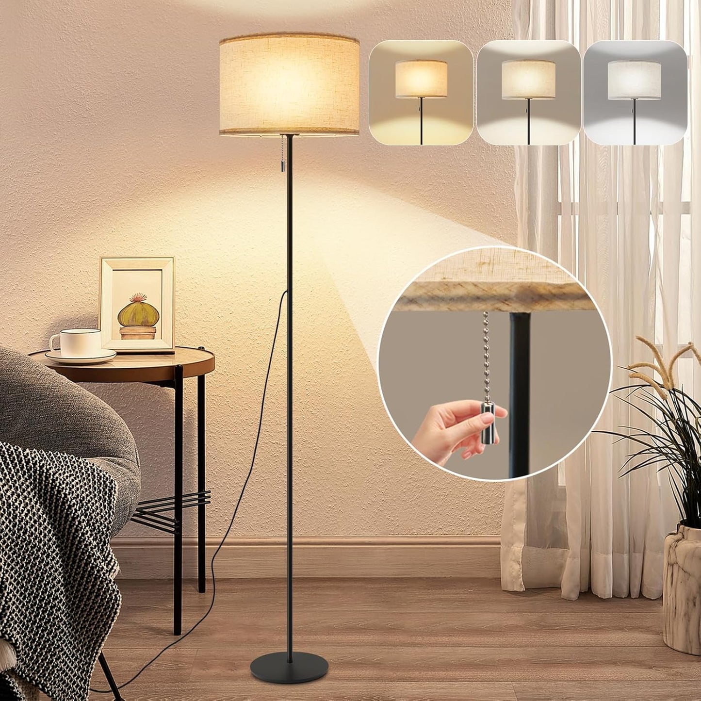 ZMH Stehlampe Wohnzimmer Vintage Stehleuchte: LED Dimmbar Standleuchte 136cm Standlampe Beige Lampenschirm 3000K-6500K Wohnzimmerlampe Seilzugschalter Retro Stoff Leselampe f¨¹r Schlafzimmer B¨¹ro