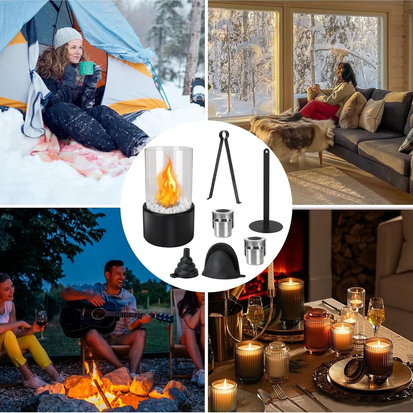 Tischkamin Ethanol Set – Tragbare Tischfeuerstelle mit Deko-Steinen – Dekorativer Innenfeuerstelle Kleine Feuerschale Heizung Edelstahl Ethanolfeuer Geeignet für Zuhause Balkon Garten Camping