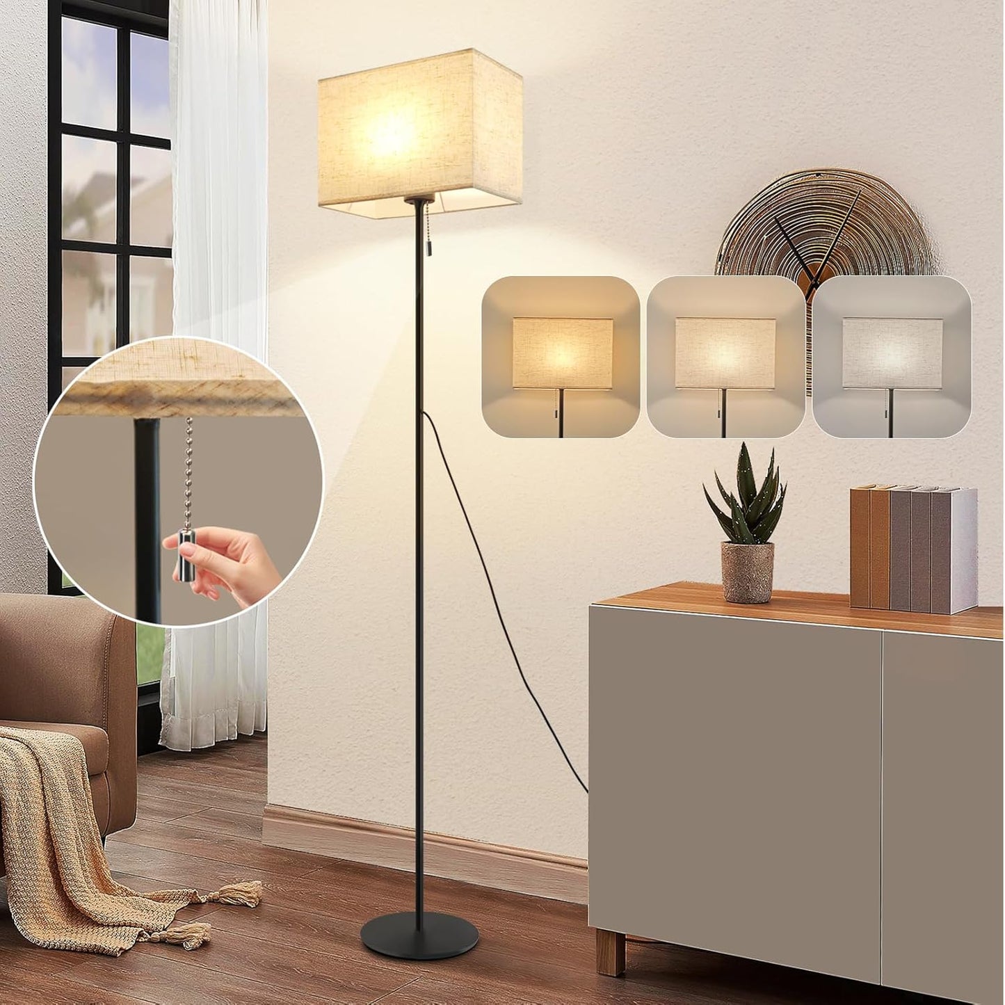 ZMH Stehlampe Wohnzimmer Vintage Stehleuchte: LED Dimmbar Standleuchte 134cm Standlampe Beige Lampenschirm 3000K-6500K Wohnzimmerlampe Seilzugschalter Retro Stoff Leselampe f¨¹r Schlafzimmer B¨¹ro