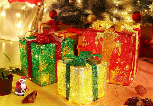 ZMH LED Geschenkbox Weihnachten Deko: 3er Set Personalisierte Geschenke mit Fernbedienung Innen Weihnachtselch Winterdeko 50 LEDs Beleuchtung Batterie unter Weihnachtsbaum f¨¹r Wohnzimmer Garten