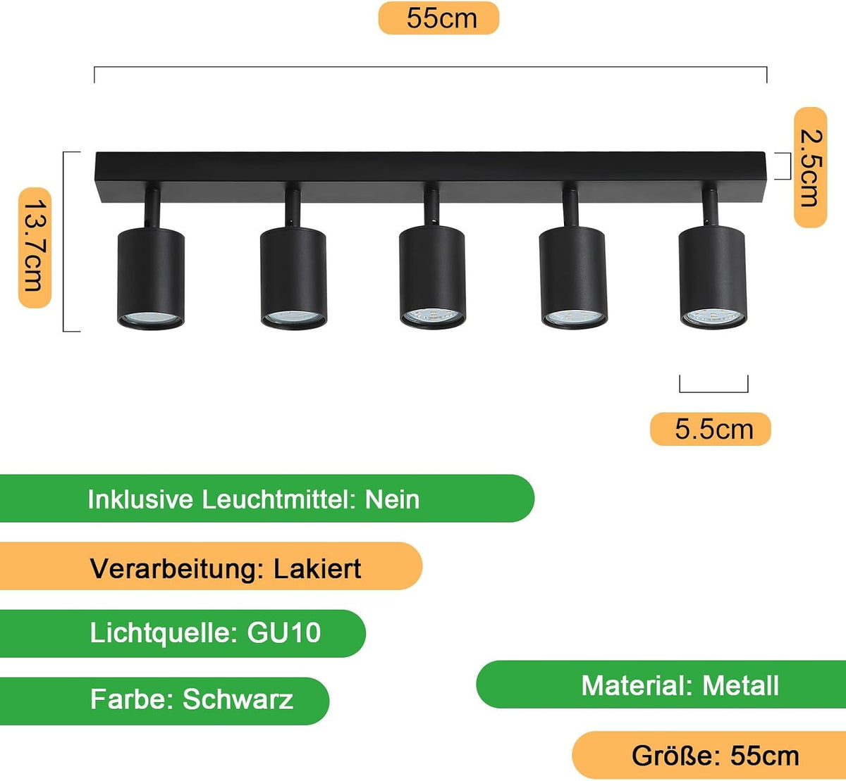 ZMH LED Deckenleuchte Schwarz Deckenstrahler: GU10 Deckenlampe Spots 5 Flammig 330°Schwenkbar Deckenspots Modern Flurlampe