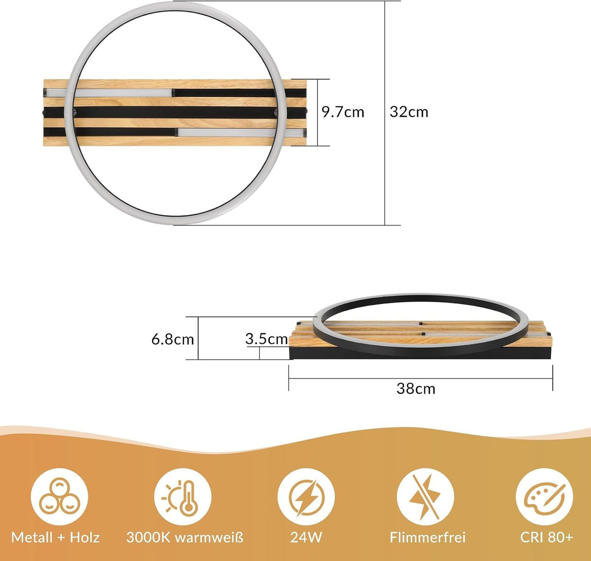 ZMH LED Deckenleuchte Holz Deckenlampe:38cm Wohnzimmer 3000K