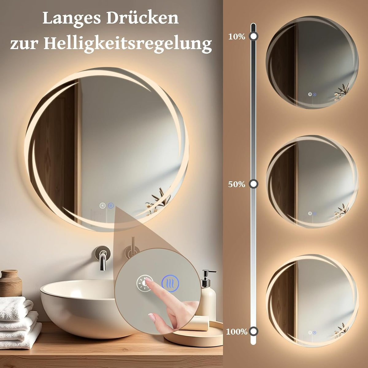 ZMH Badezimmerspiegel mit Beleuchtung Rund,Runder 80cm LED Badspiegel
