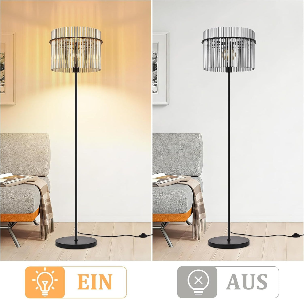 ZMH Stehlampe Schwarz Stehleuchte Glas Standleuchte Wohnzimmer E27