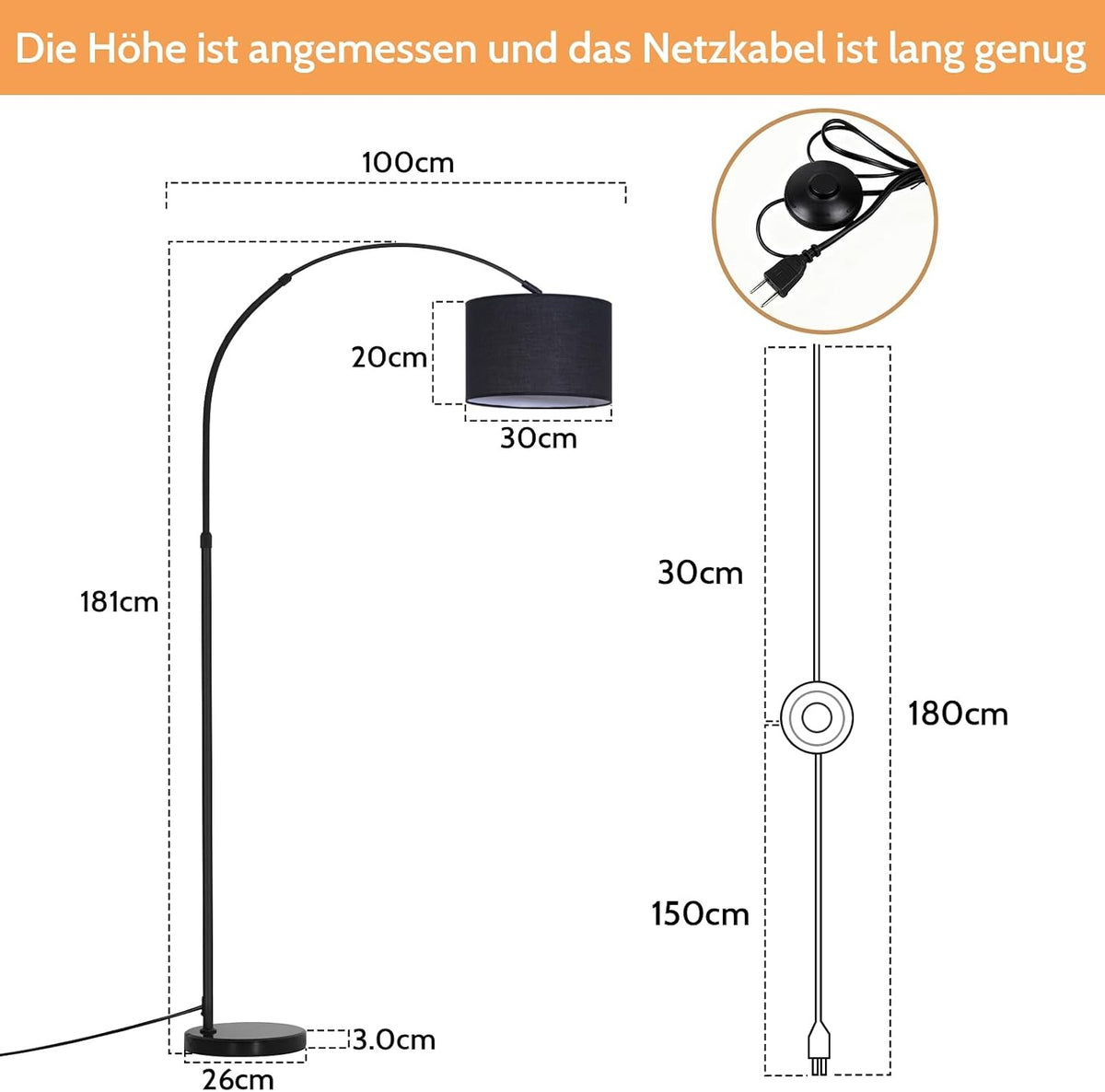 ZMH Bogenlampe Wohnzimmer Stehlampe - Stoffschirm Ø30 cm Stehleuchte 181CM