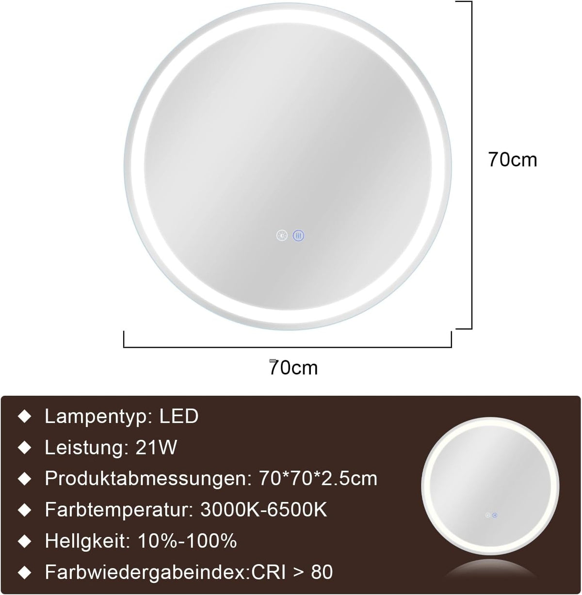 ZMH Spiegel Bad Badezimmerspiegel mit Beleuchtung - LED Badspiegel Rund 70cm Wandspiegel Badezimmer Dimmbar 3000K-6500K mit Touch-Schalter und Entfogger-Funktion