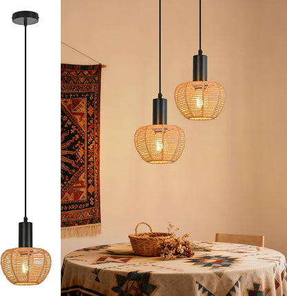 ZMH Hängelampe Boho Pendelleuchte Rattan 3-1 Flammig Esstischlampe