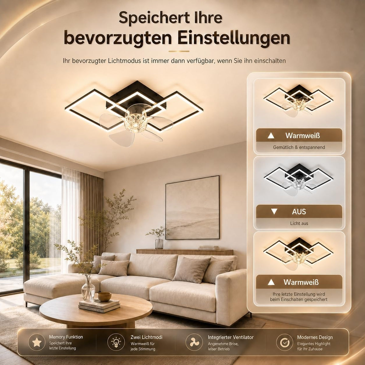 ZMH LED Deckenventilator mit Beleuchtung und Fernbedienung Dimmbar