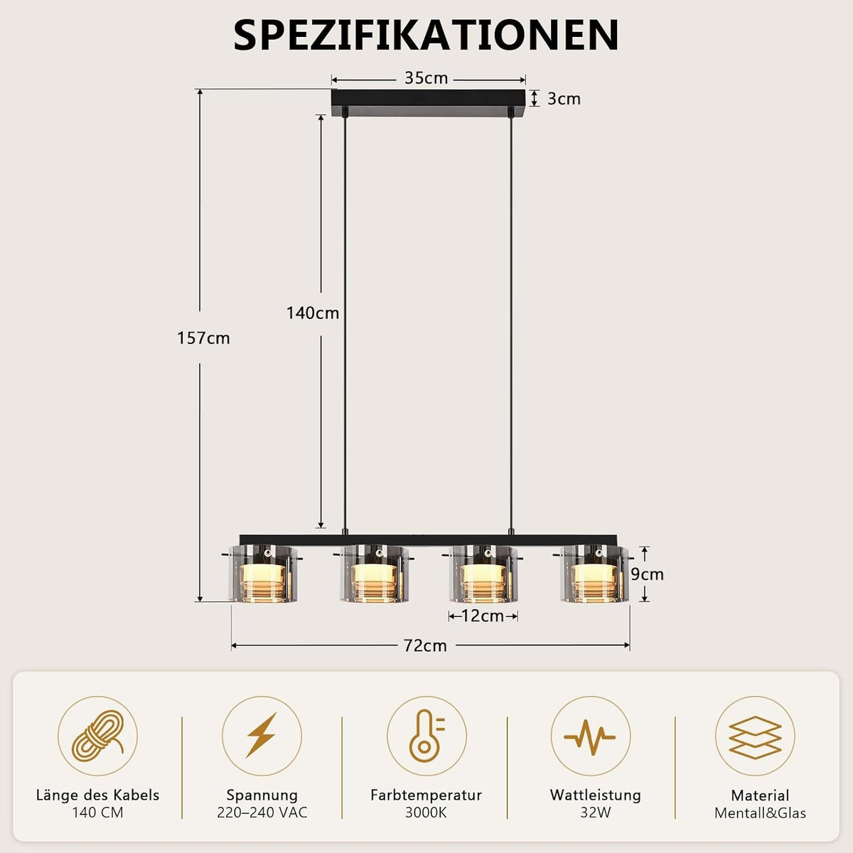 ZMH Pendelleuchte Esstisch Hängelampe Glas - 3 Flammig Hängend