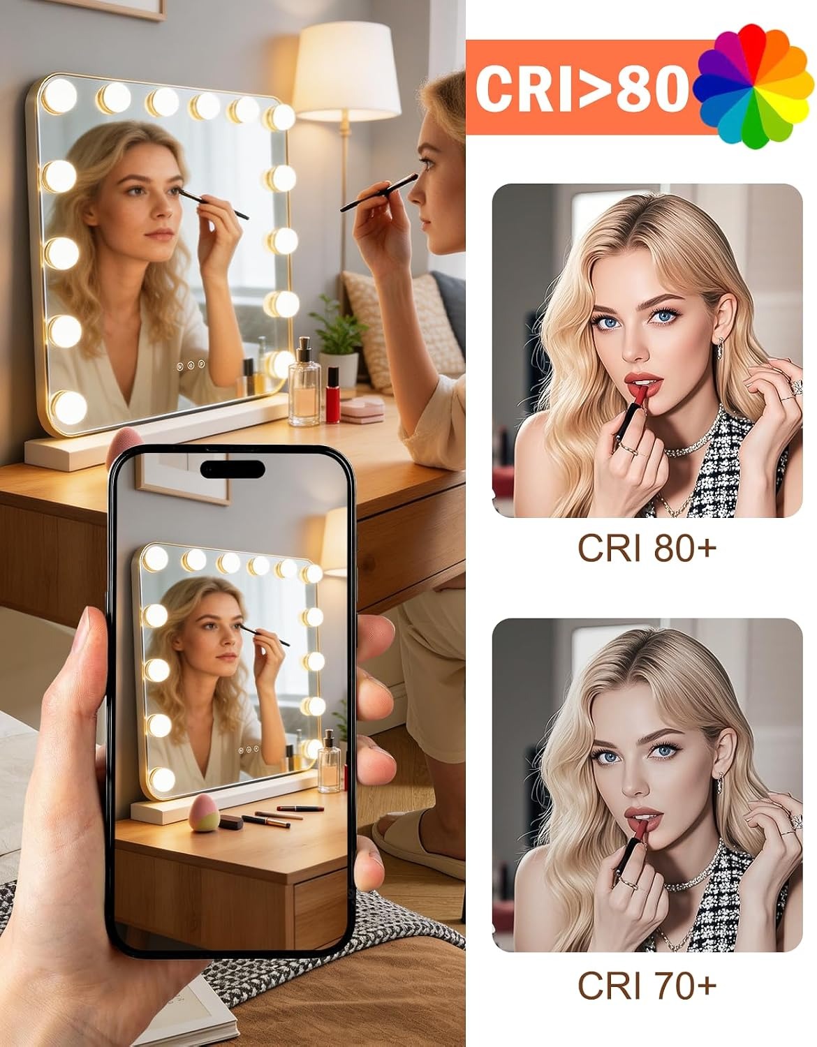 ZMH Hollywood Schminkspiegel Spiegel mit Beleuchtung - 50×40CM LED Vanity Mirror Klein Kosmetikspiegel mit Licht Tischspiegel 3 Modi Schminktischspiegel Touch Dimmbar