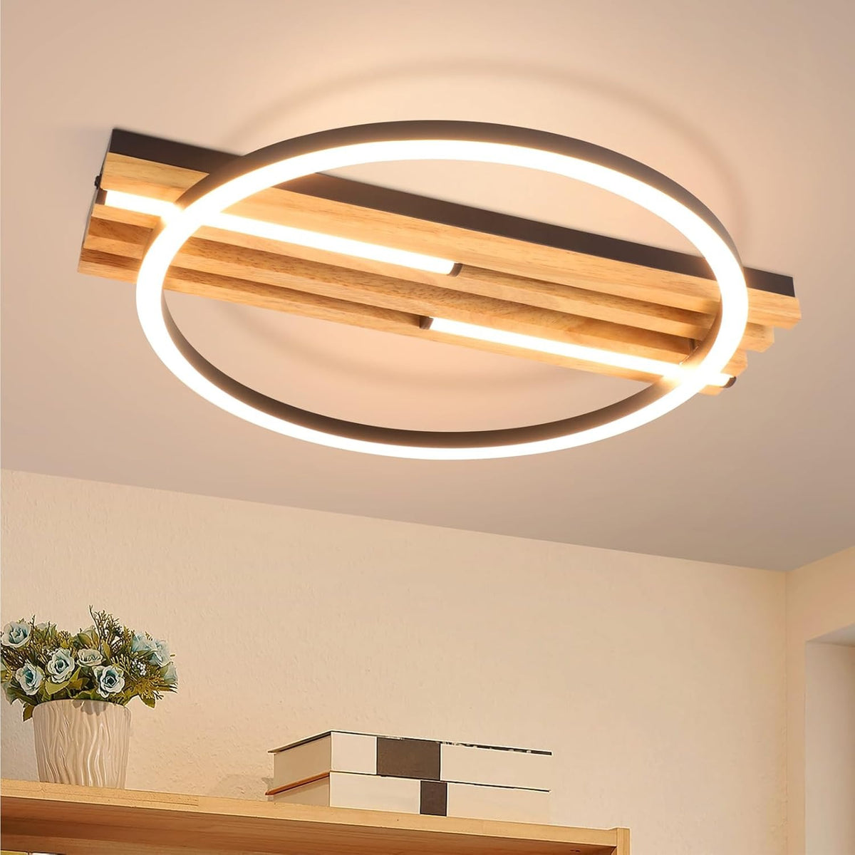 ZMH LED Deckenleuchte Holz Deckenlampe:38cm Wohnzimmer 3000K
