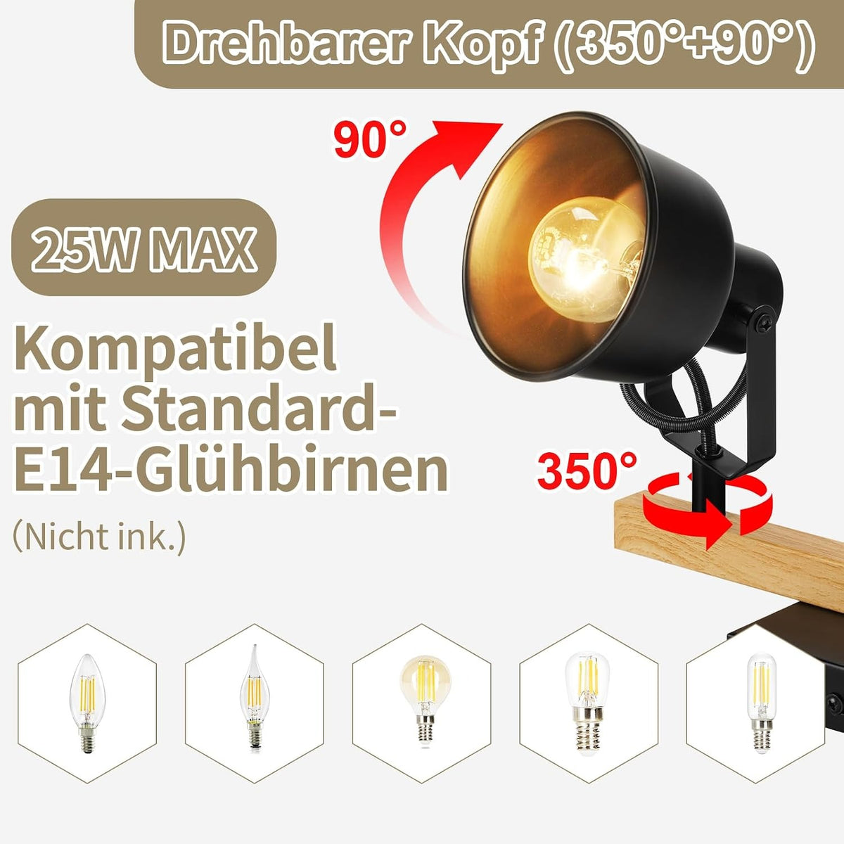 ZMH Deckenstrahler 4/1 Flammig Schwarz/Weiß Deckenlampe Vintage Schwenkbar 350°
