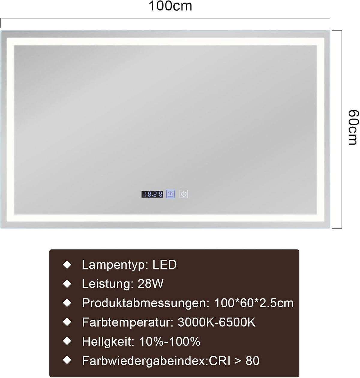 ZMH Spiegel Bad Badspiegel mit Beleuchtung,60x100cm LED Wandspiegel