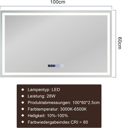 ZMH Spiegel Bad Badspiegel mit Beleuchtung,60x100cm LED Wandspiegel
